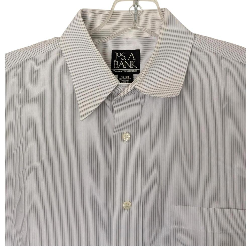 Jos A Bank Dress Shirt Mens 16-34 White Gray Burgundy Stripe Traveler Collection